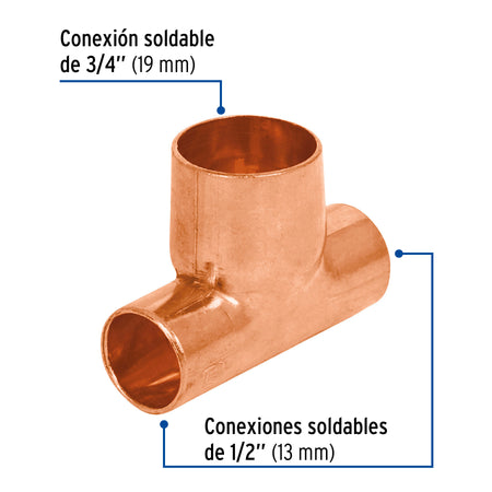Tee reducida de cobre 1/2' x 1/2' x 3/4', FOSET 1/2', 1/2', 3/4'