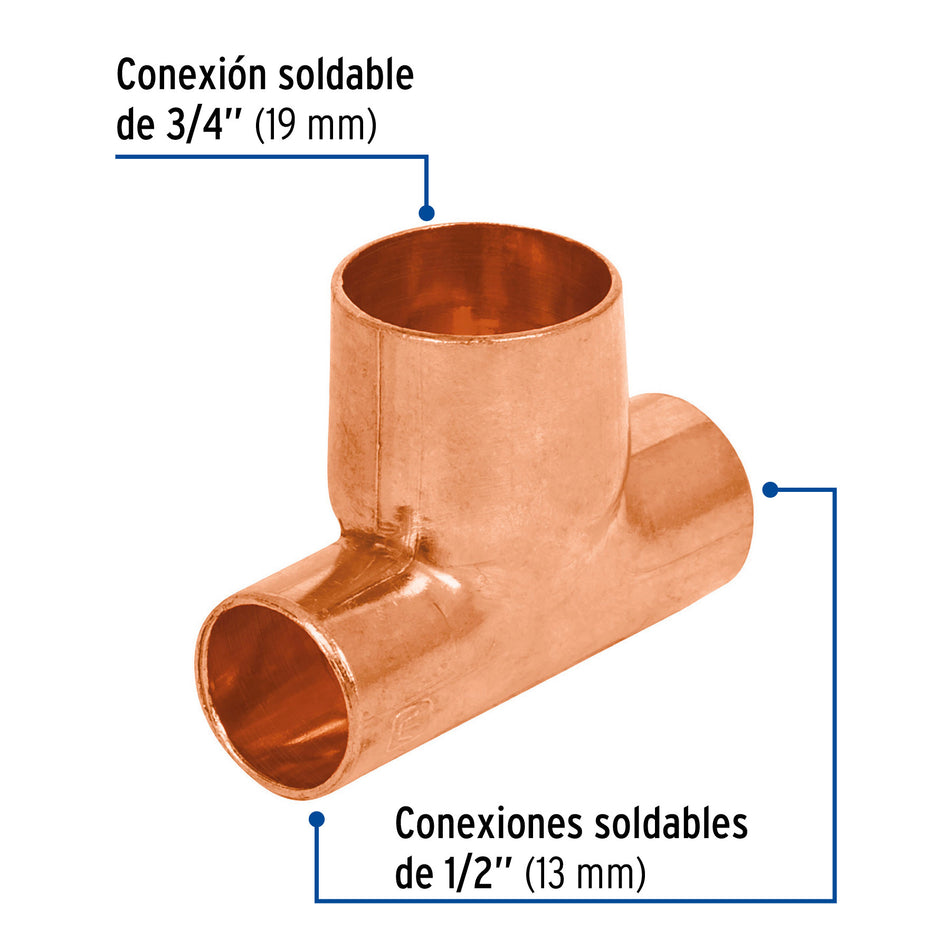 Tee reducida de cobre 1/2' x 1/2' x 3/4', FOSET 1/2', 1/2', 3/4'