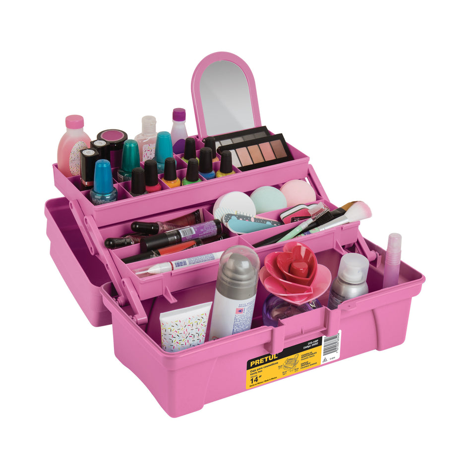 Caja cosmetiquera 14" doble bandeja rosa PRETUL