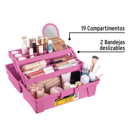 Caja cosmetiquera 14" doble bandeja rosa PRETUL