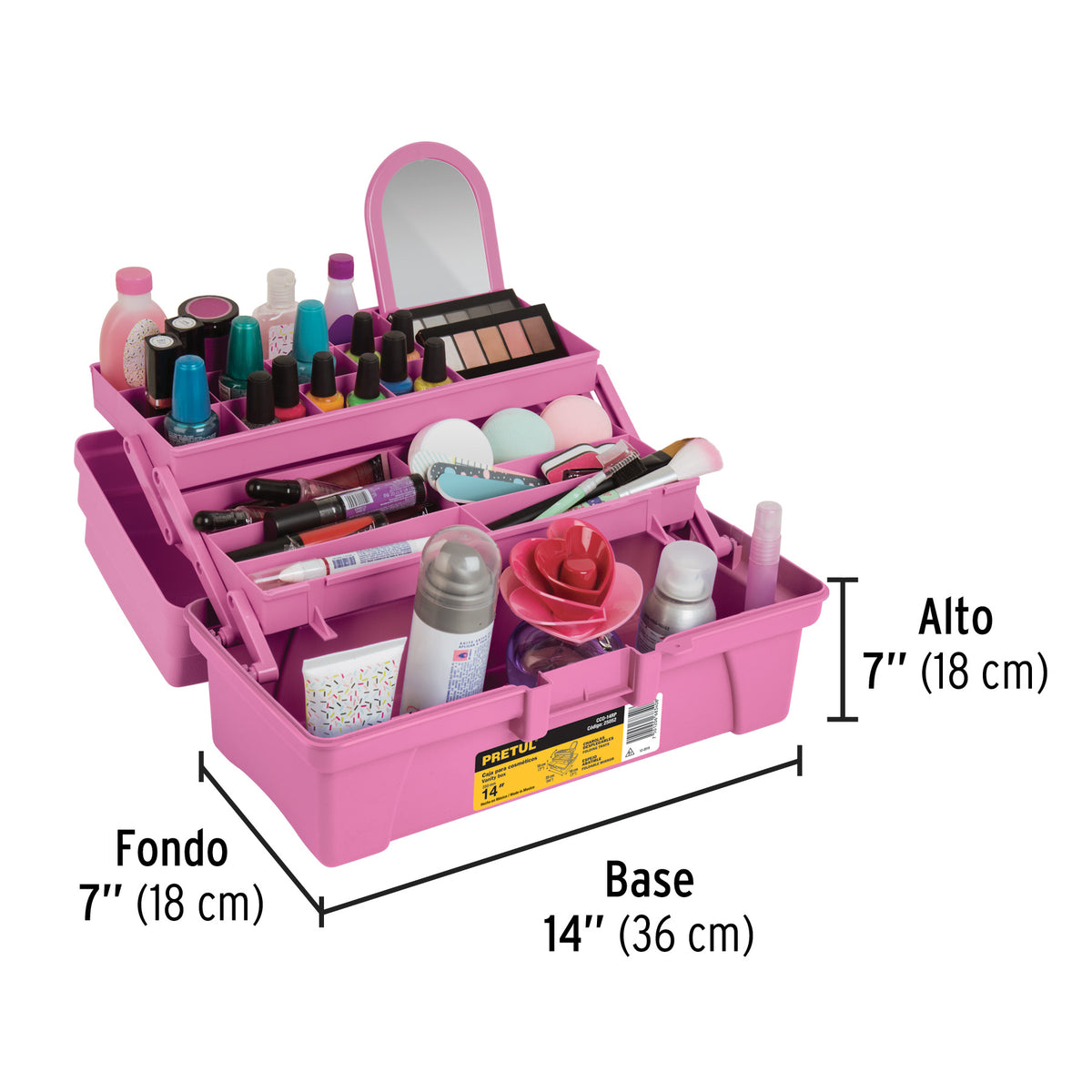 Caja cosmetiquera 14" doble bandeja rosa PRETUL
