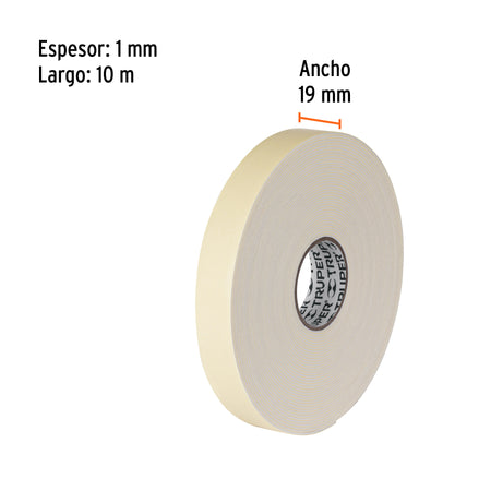 Cinta doble cara de 19 mm x 10 m, Truper 19 mm, 10 m