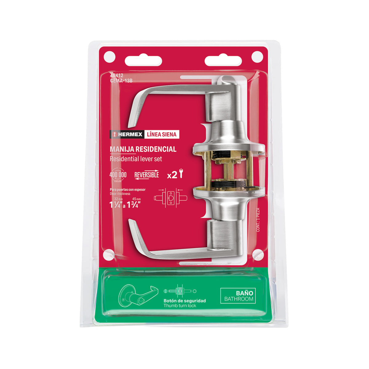 Cerradura manija 'Siena' p/baño, cromo mate, HERMEX