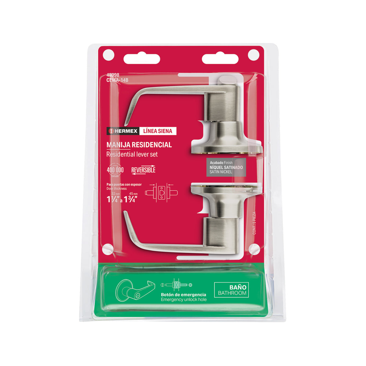 Cerradura manija 'Siena' p/baño, níquel satinado, HERMEX