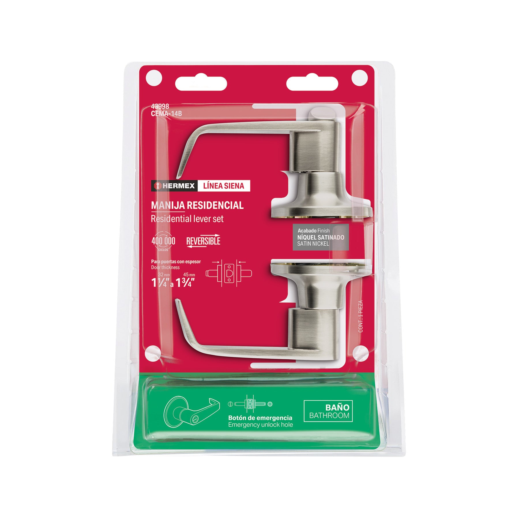 Cerradura manija 'Siena' p/baño, níquel satinado, HERMEX