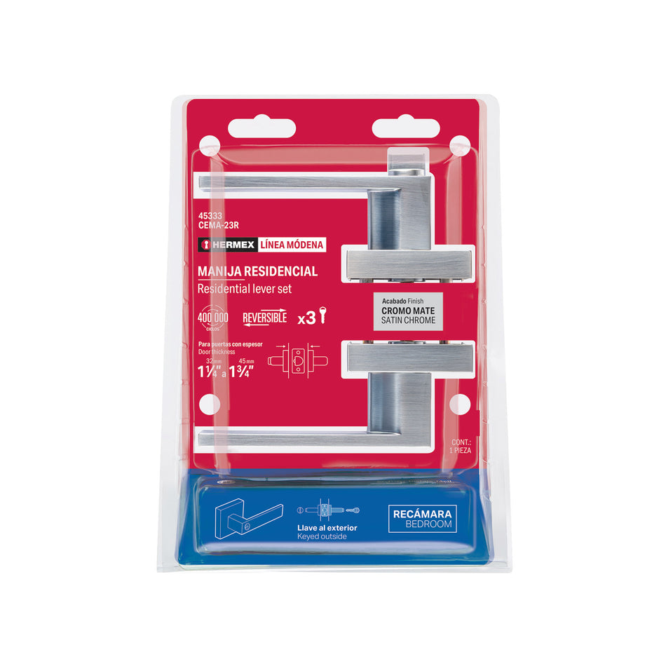 Cerradura manija 'Módena' p/recámara, cromo mate, HERMEX