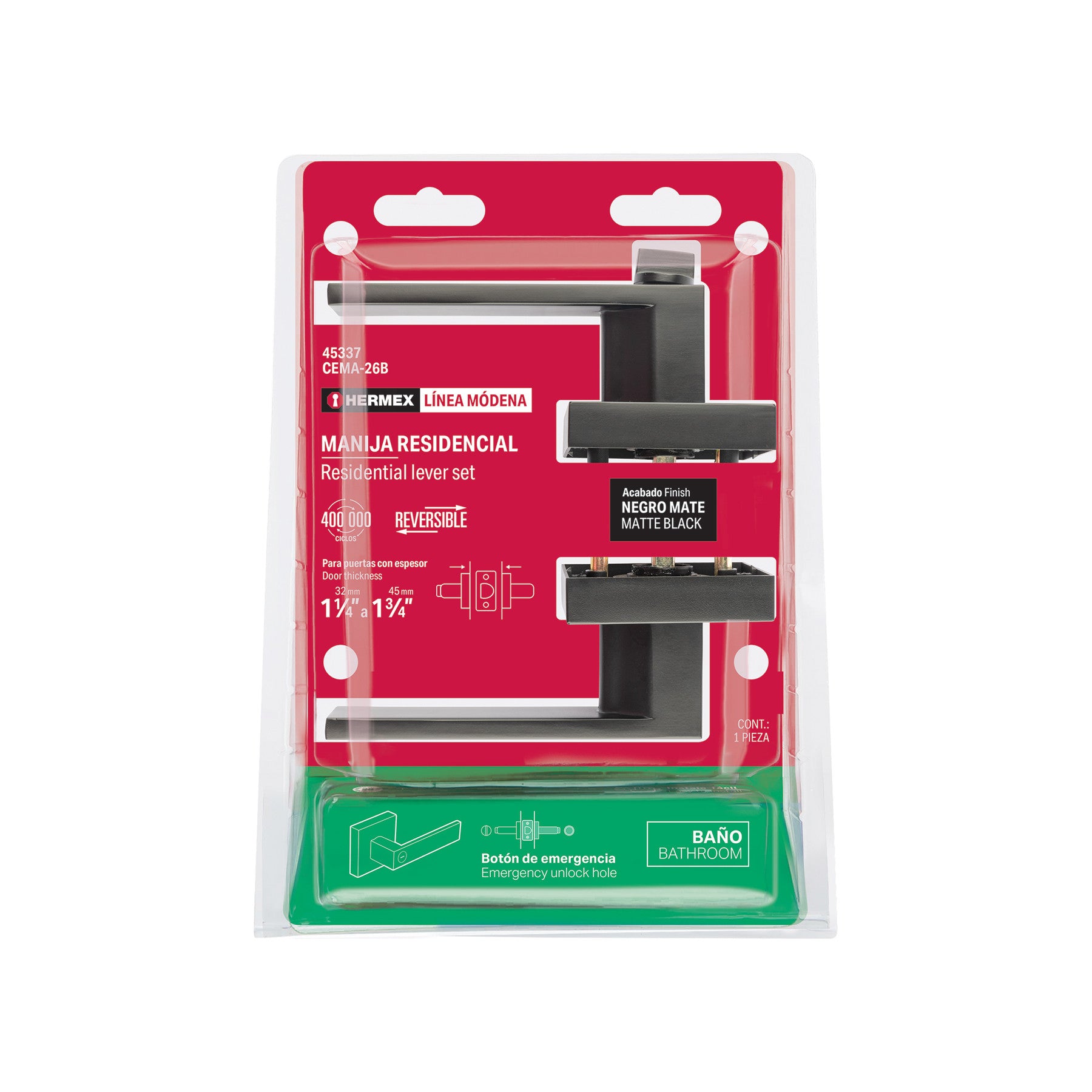 Cerradura manija 'Módena' p/baño, negro mate, HERMEX