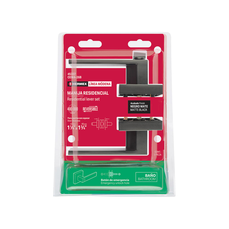 Cerradura manija 'Módena' p/baño, negro mate, HERMEX