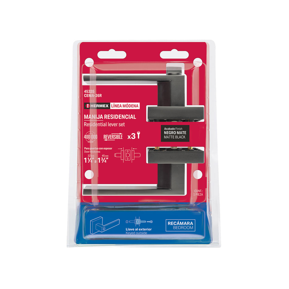 Cerradura manija 'Módena' p/recámara, negro mate, HERMEX
