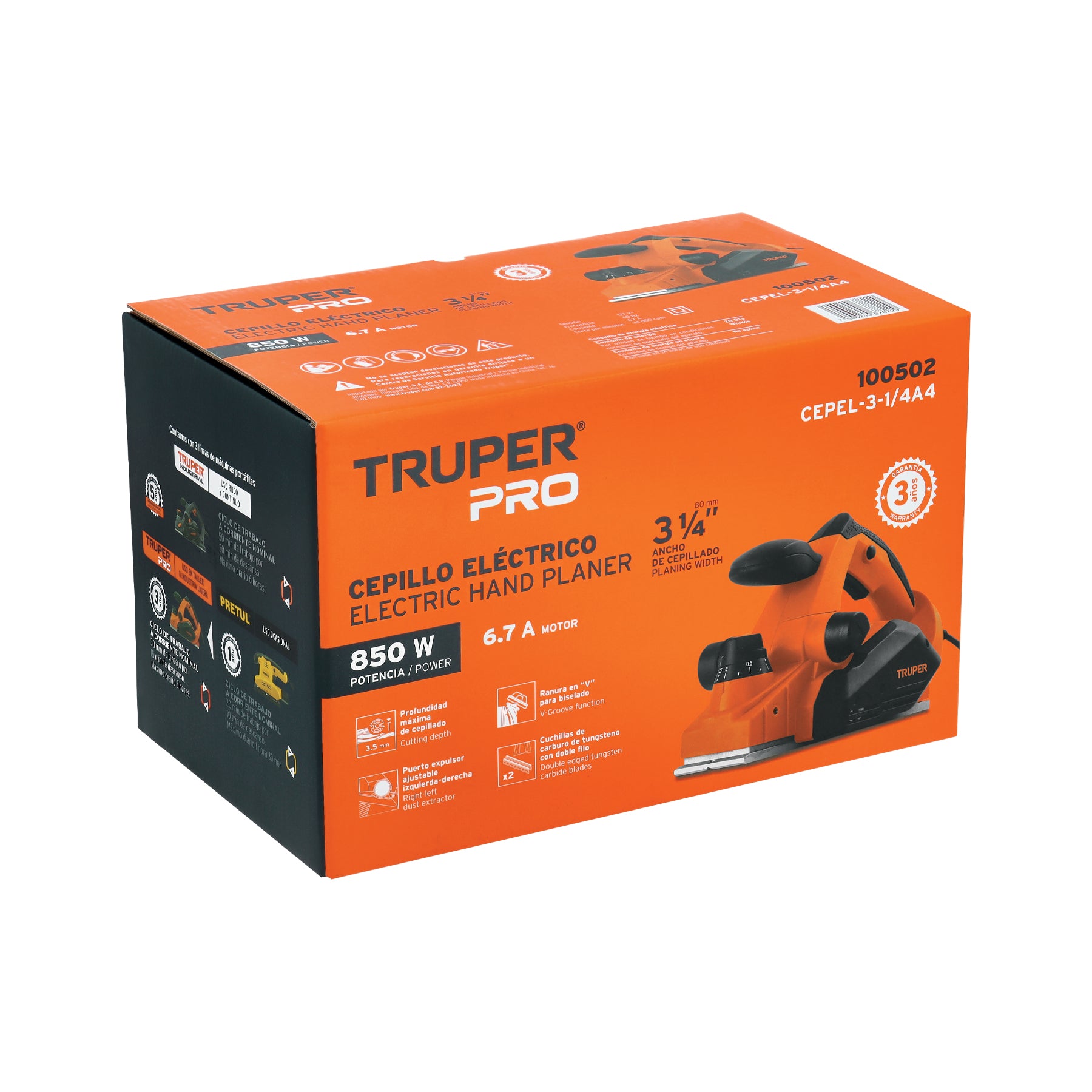 Cepillo electrico 3-1/4" 850W TRUPER PRO