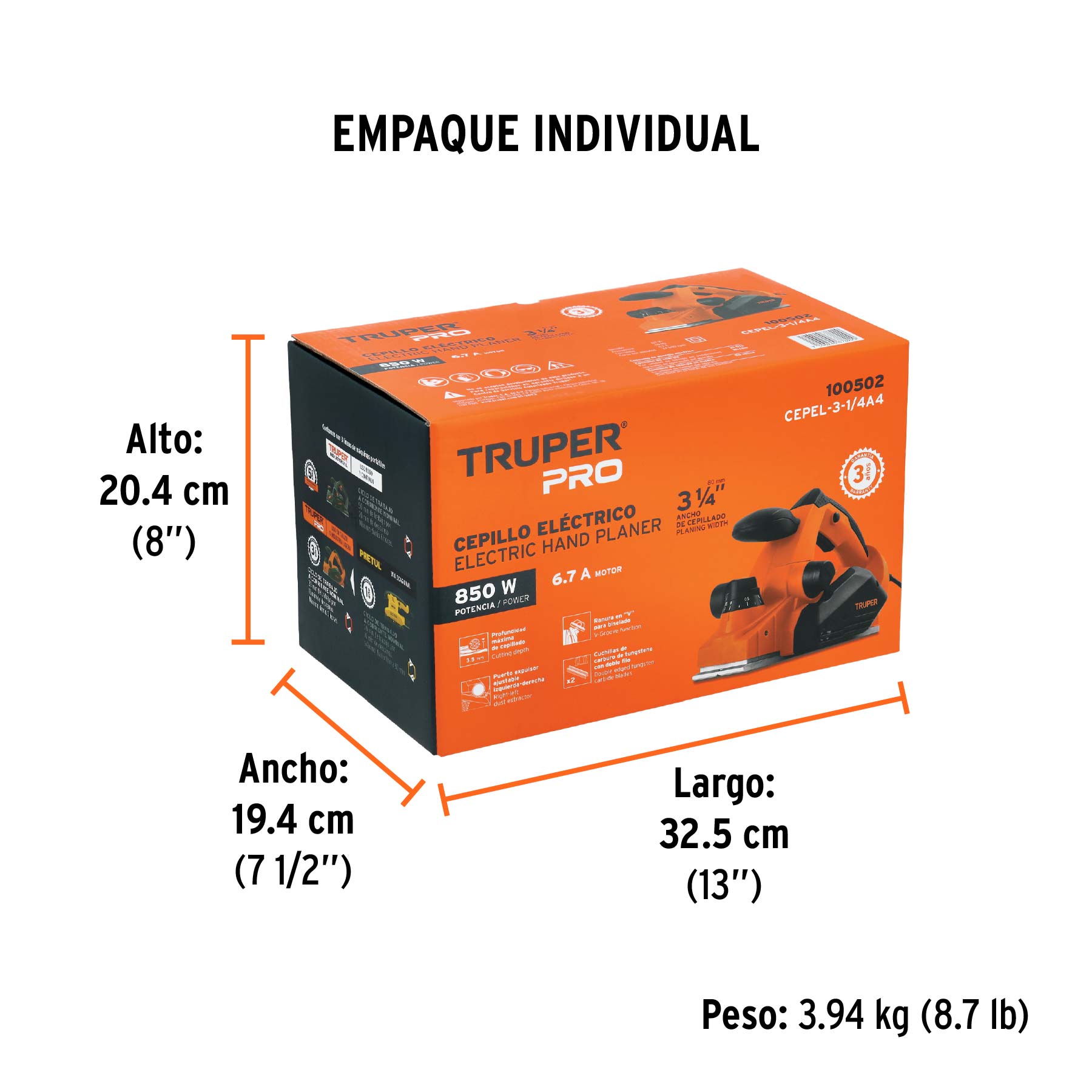 Cepillo electrico 3-1/4" 850W TRUPER PRO