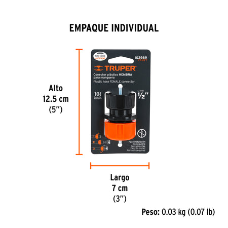 Conector 1/2" hembra de ABS con tuerca de ajuste manual