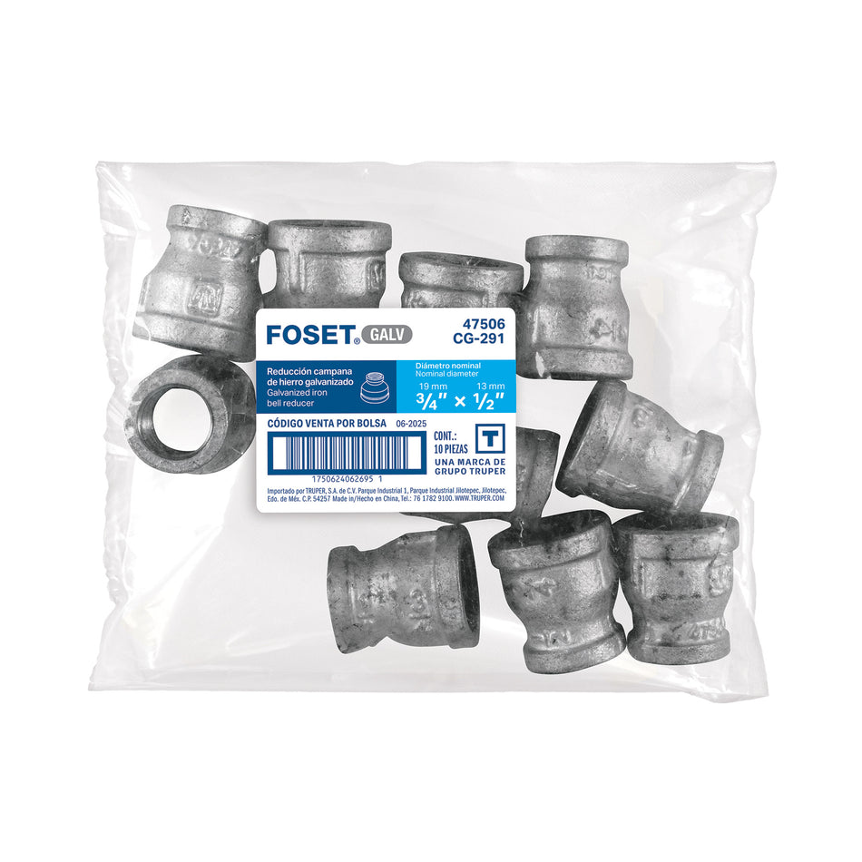 Reducción campana acero galvanizado 3/4' x 1/2', FOSET 3/4', 1/2'