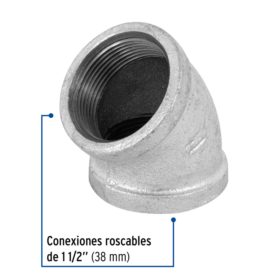 Codo 45° acero galvanizado de 1-1/2', FOSET
