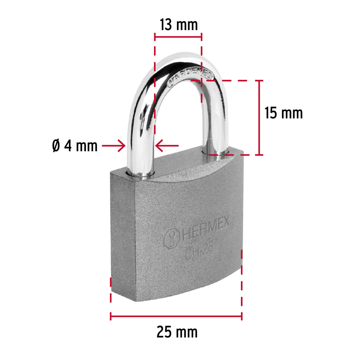 Candado de hierro 25 mm, gancho corto en caja, HERMEX 25 mm