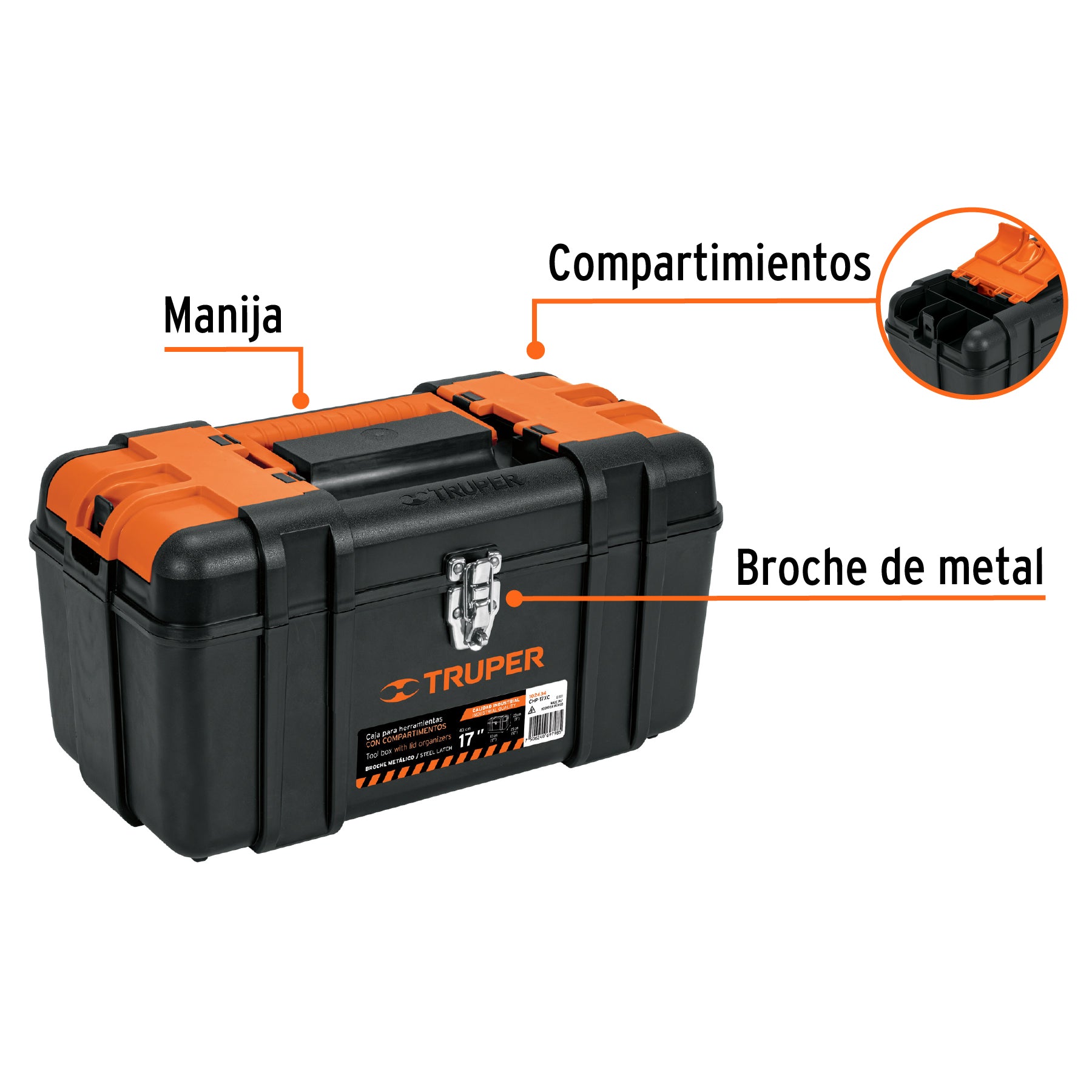 Caja p/herramienta con compartimentos broches metalicos 17"