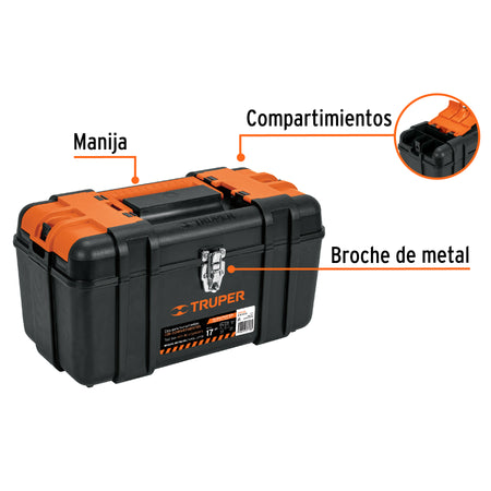 Caja p/herramienta con compartimentos broches metalicos 17"