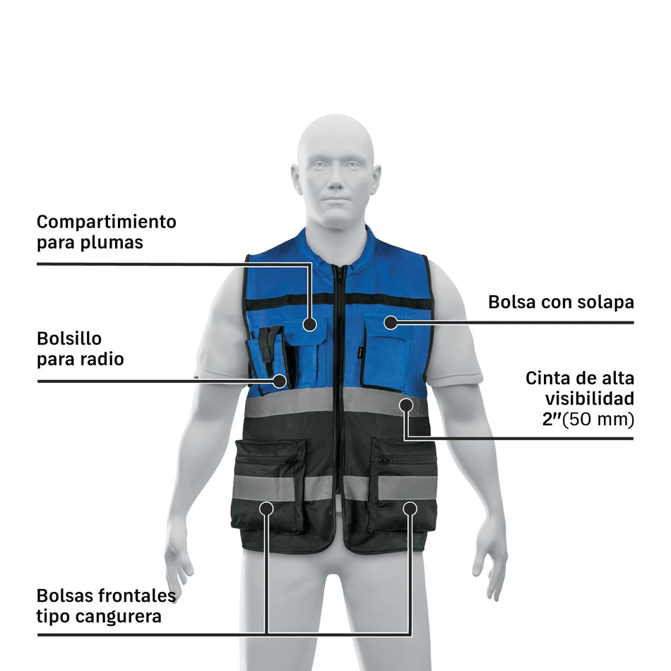 Chaleco brigadista con cintas reflejantes, azul, PRETUL