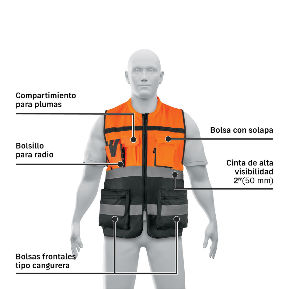 Chaleco brigadista con cintas reflejantes, naranja, PRETUL