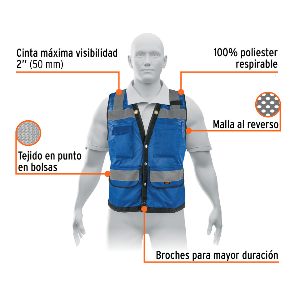 Chaleco seguridad reforzado azul con bolsas, EG, EXPERT
