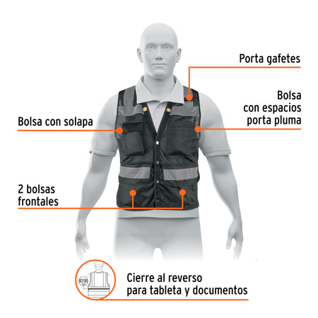 Chaleco seguridad reforzado negro con bolsas, G, EXPERT