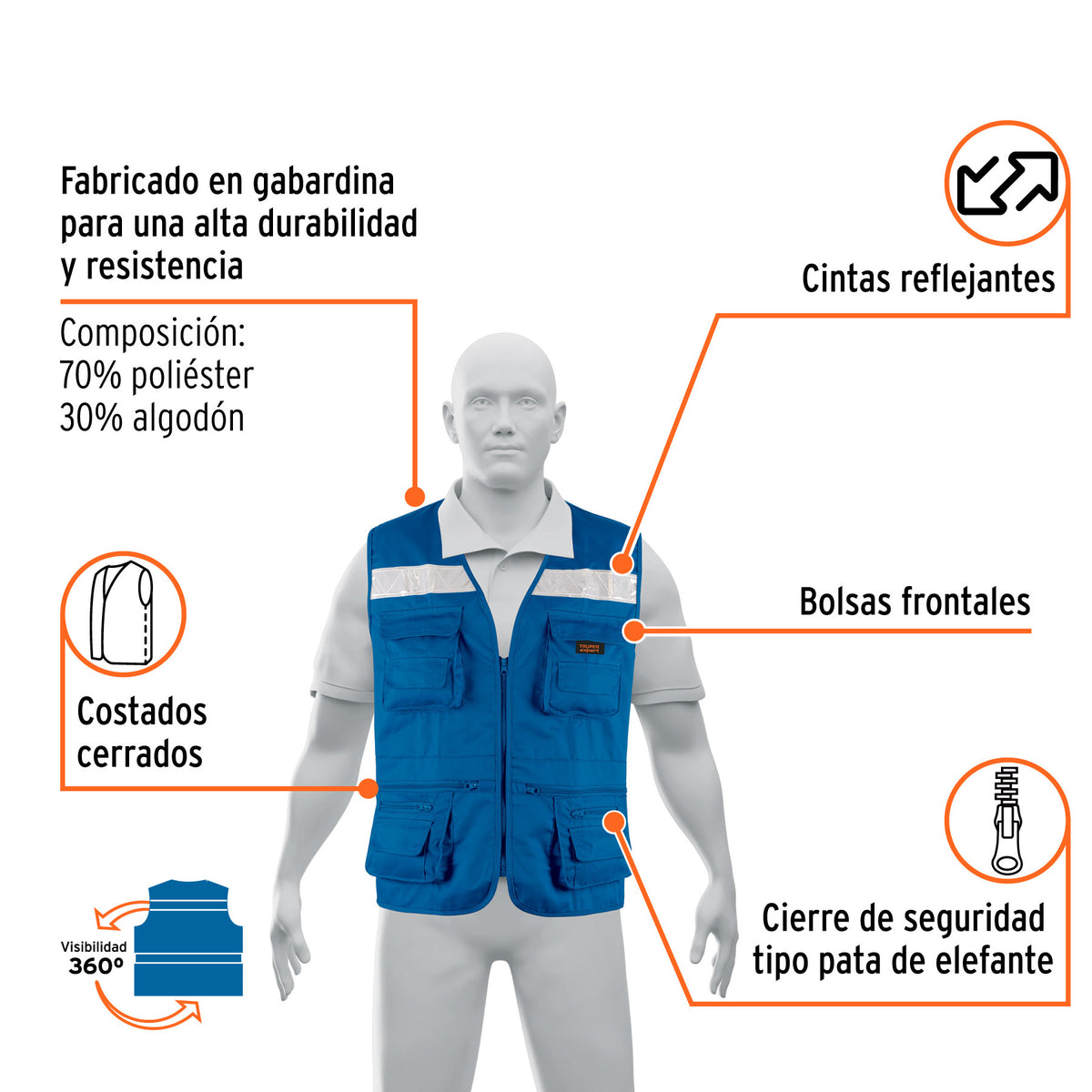 Chaleco brigadista reforzado, azul rey, XG, TRUPER EXPERT