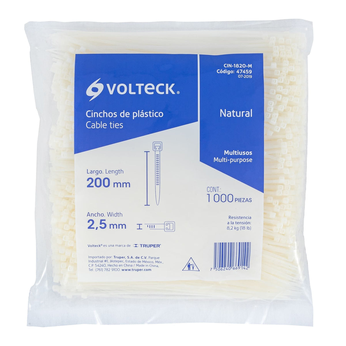 Bolsa con 1000 cinchos plasticos 18lb 200x2.5 mm naturales