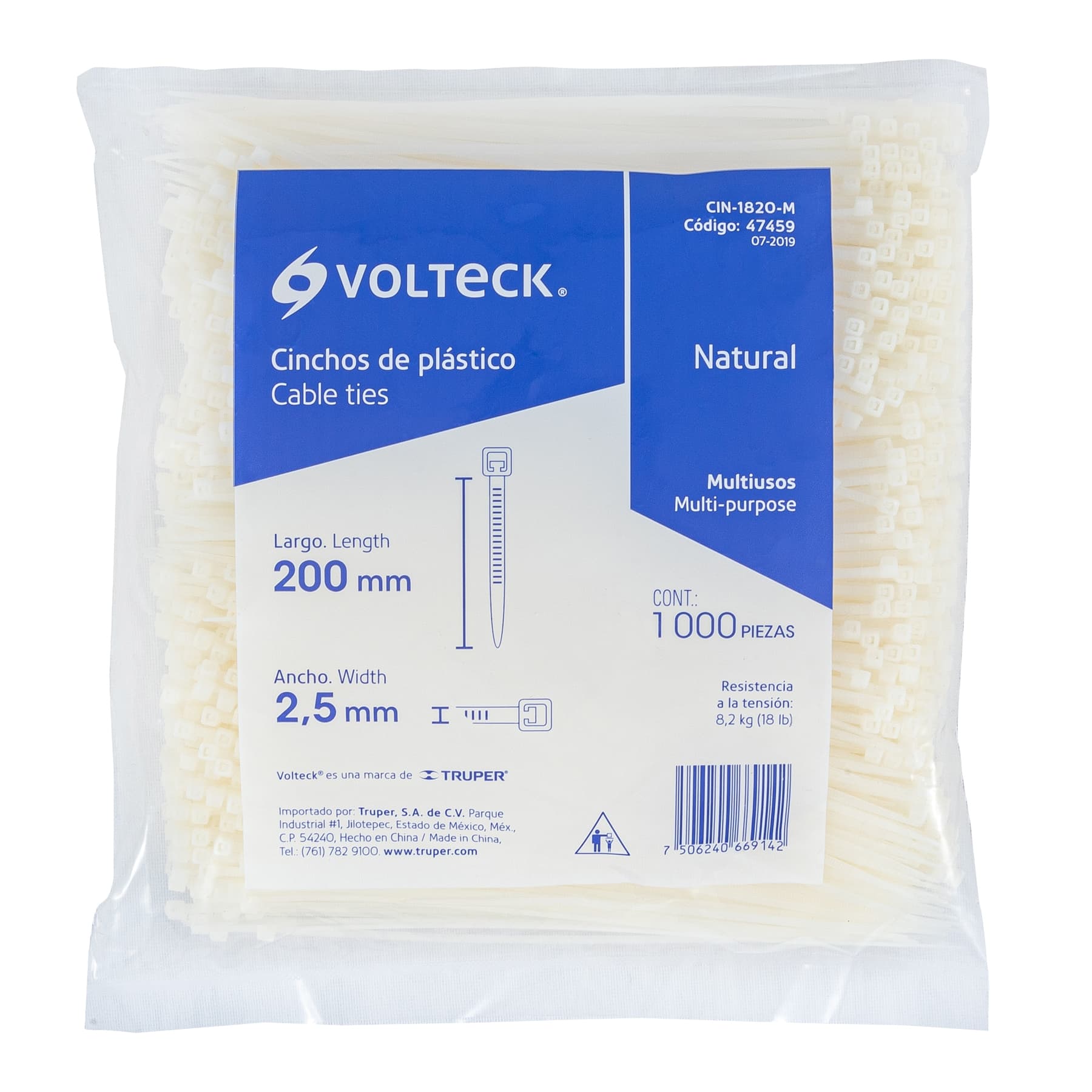 Bolsa con 1000 cinchos plasticos 18lb 200x2.5 mm naturales