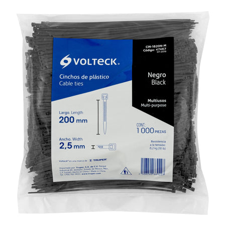 Bolsa con 1000 cinchos plasticos 18 lb 200x2.5 mm negros