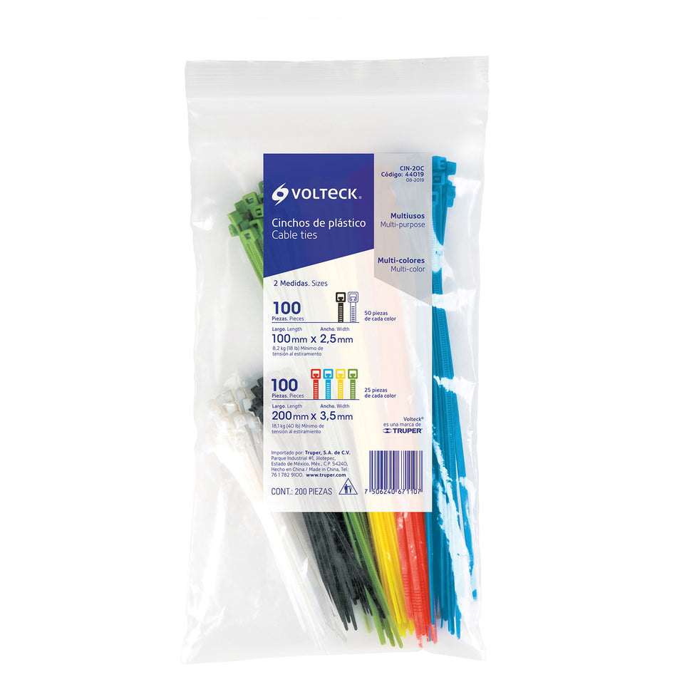 Bolsa con 200 cinchos plasticos en colores surtidos Volteck