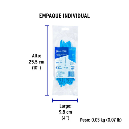 Bolsa con 50 cinchos plasticos 40 lb 150 x 3.5 mm azules