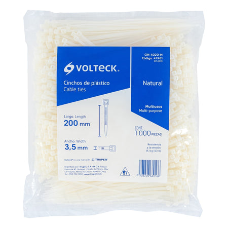 Bolsa con 1000 cinchos plasticos 40lb 200x3.5 mm naturales