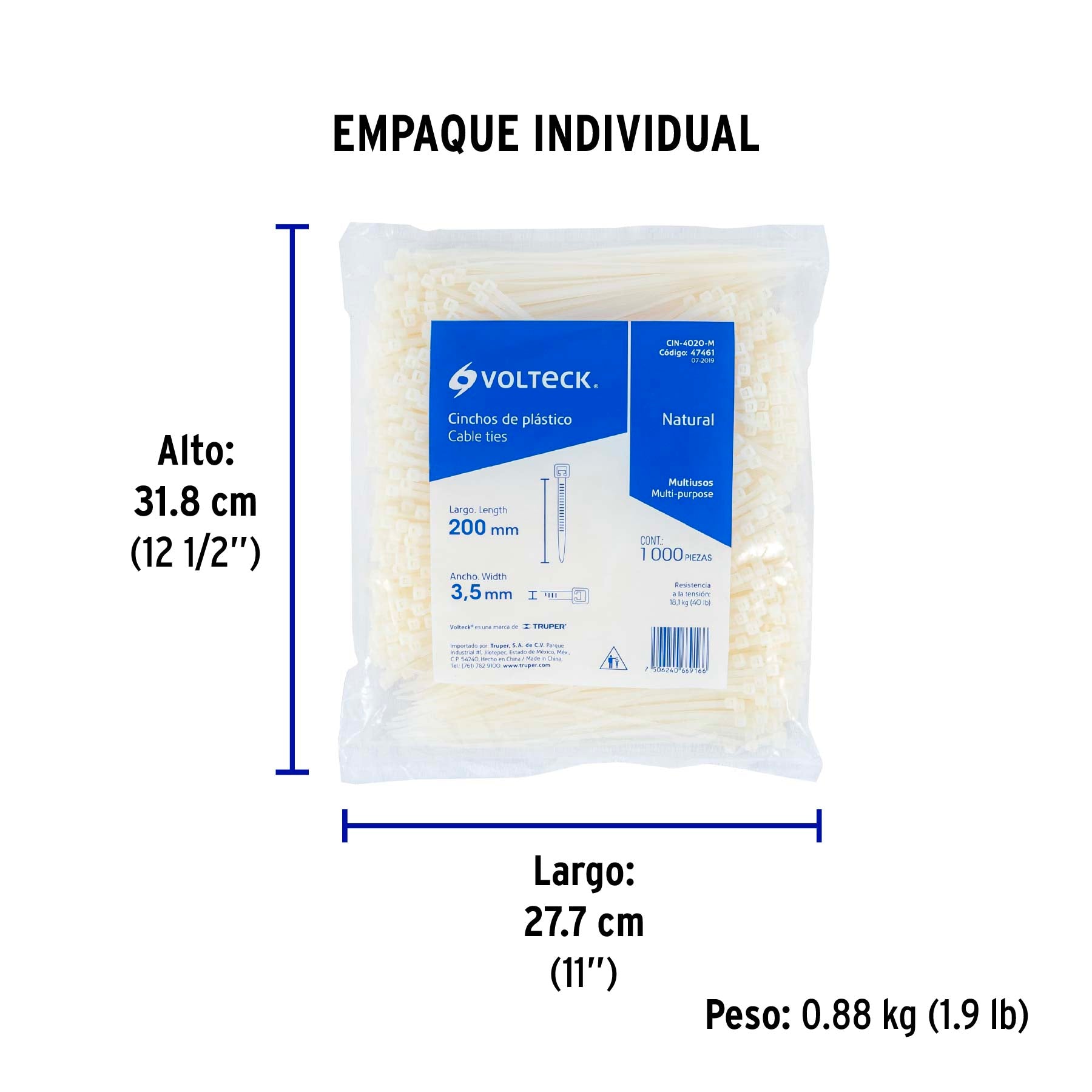 Bolsa con 1000 cinchos plasticos 40lb 200x3.5 mm naturales