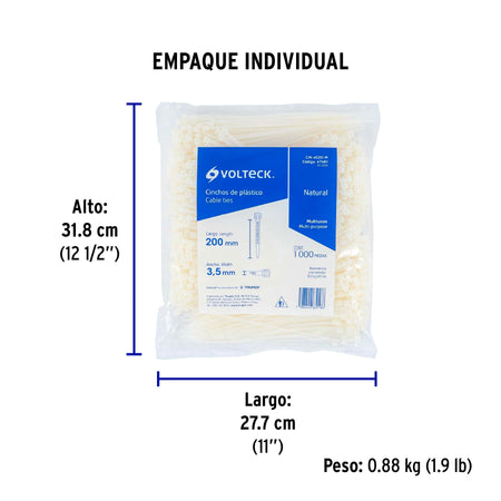 Bolsa con 1000 cinchos plasticos 40lb 200x3.5 mm naturales