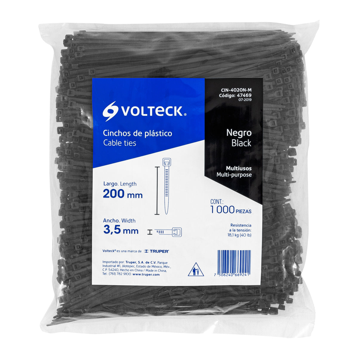 Bolsa con 1000 cinchos plasticos 40 lb 200x3.5 mm negros