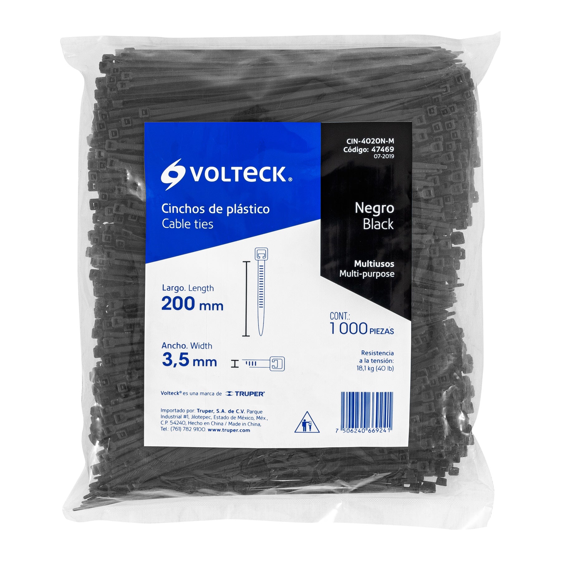 Bolsa con 1000 cinchos plasticos 40 lb 200x3.5 mm negros