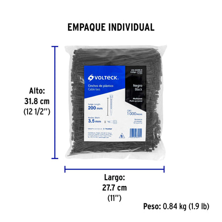 Bolsa con 1000 cinchos plasticos 40 lb 200x3.5 mm negros