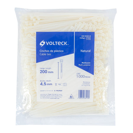 Bolsa con 1000 cinchos plasticos 50lb 200x4.5 mm naturales
