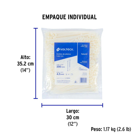 Bolsa con 1000 cinchos plasticos 50lb 200x4.5 mm naturales