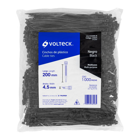 Bolsa con 1000 cinchos plasticos 50 lb 200x4.5 mm negros