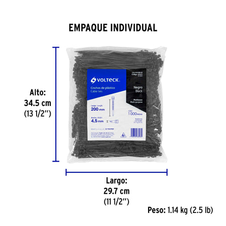 Bolsa con 1000 cinchos plasticos 50 lb 200x4.5 mm negros