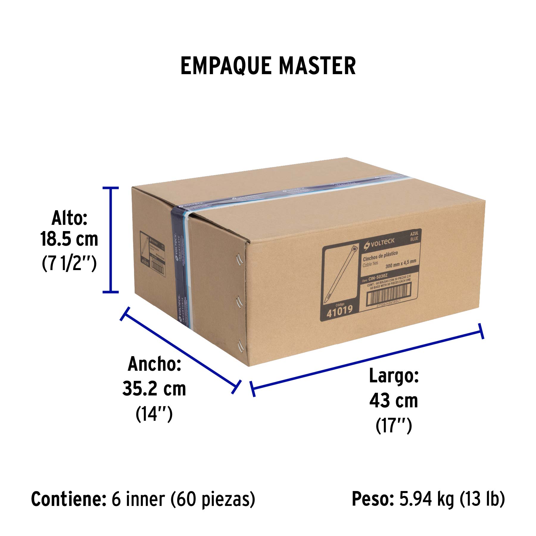 Bolsa con 50 cinchos plasticos 50 lb 300 x 4.5 mm azules