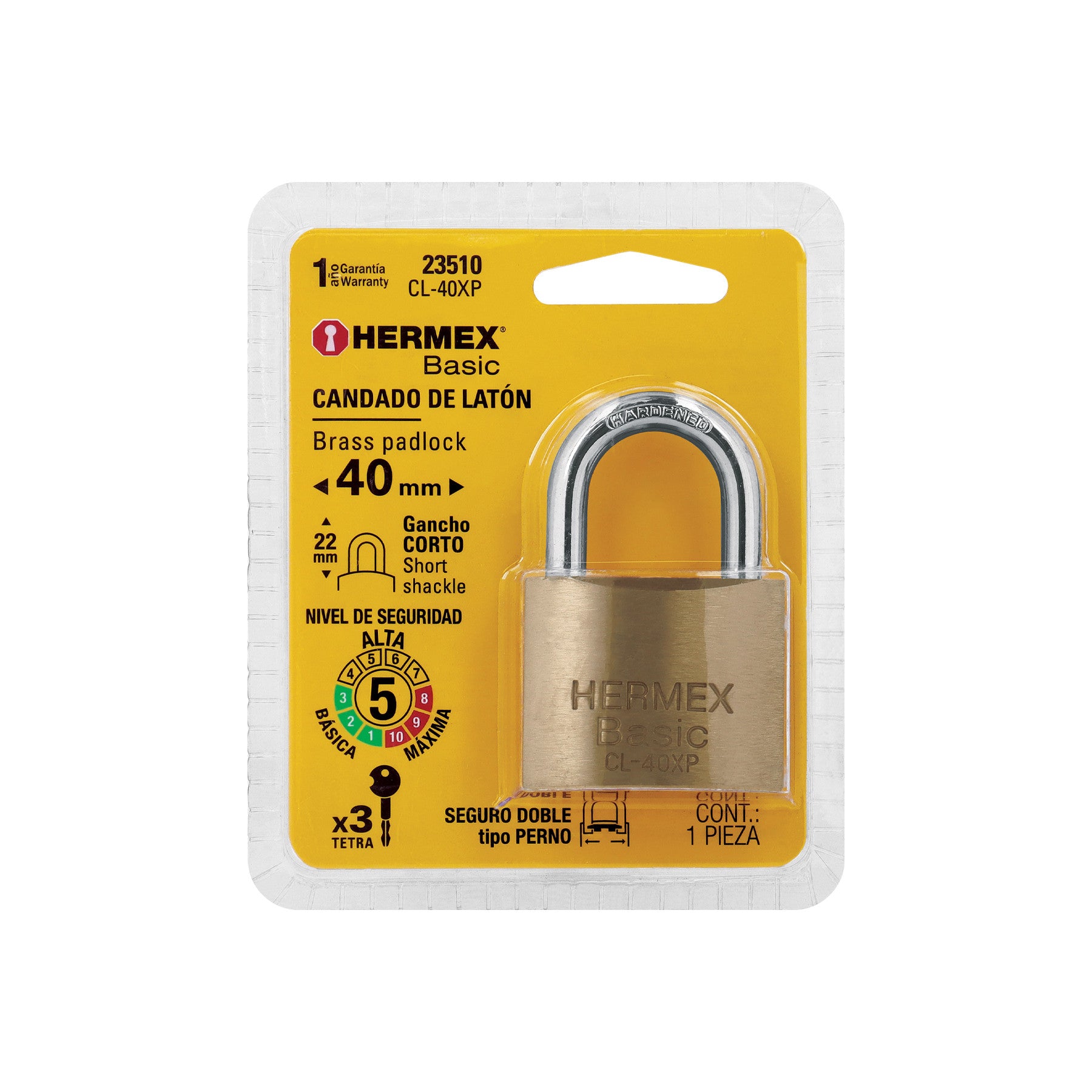 Candado de latón 40 mm llave tetra en blíster, HERMEX BASIC 40 mm