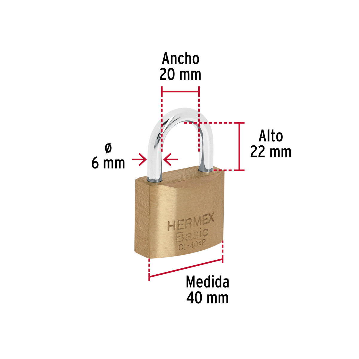 Candado de latón 40 mm llave tetra en blíster, HERMEX BASIC 40 mm