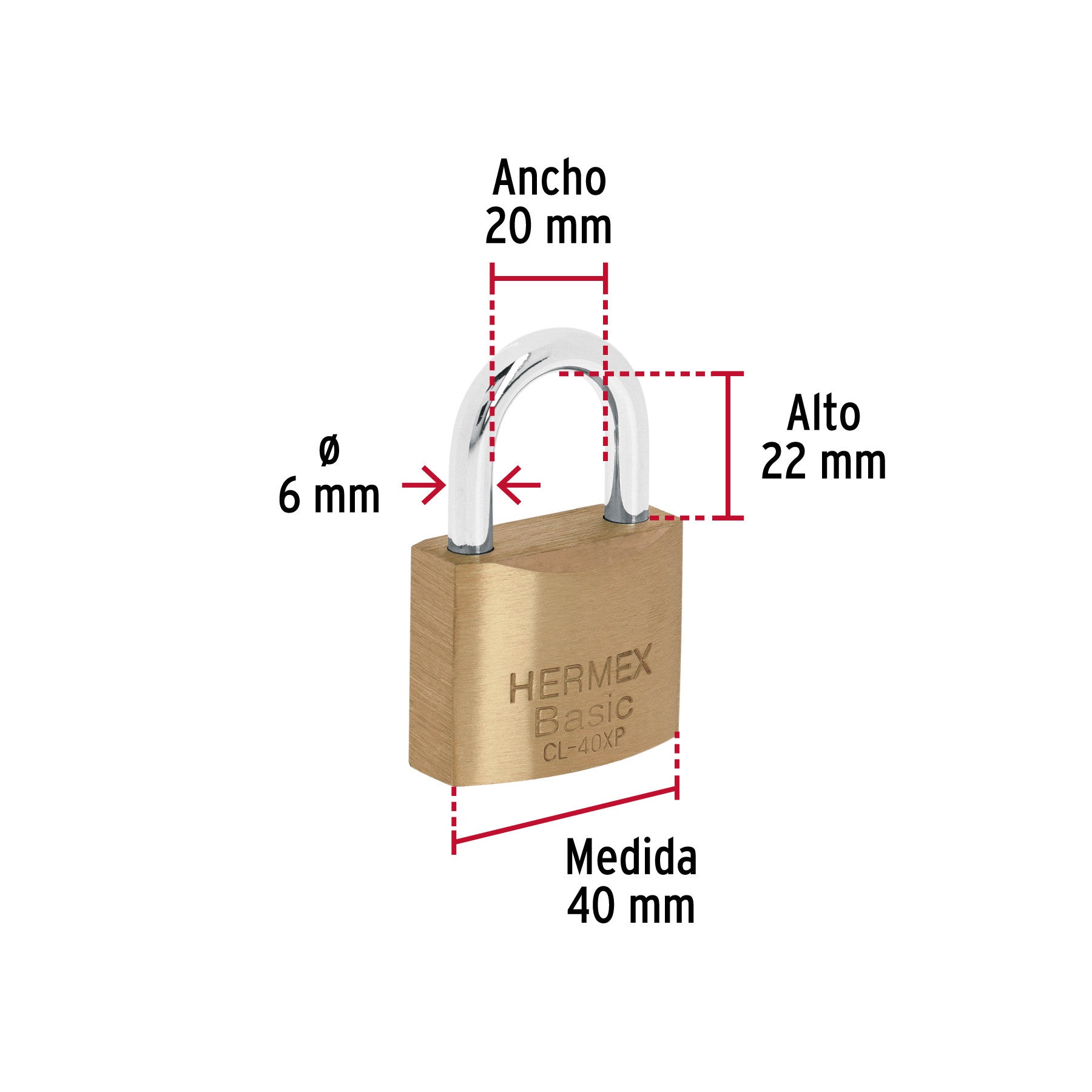 Candado de latón 40 mm llave tetra en blíster, HERMEX BASIC 40 mm