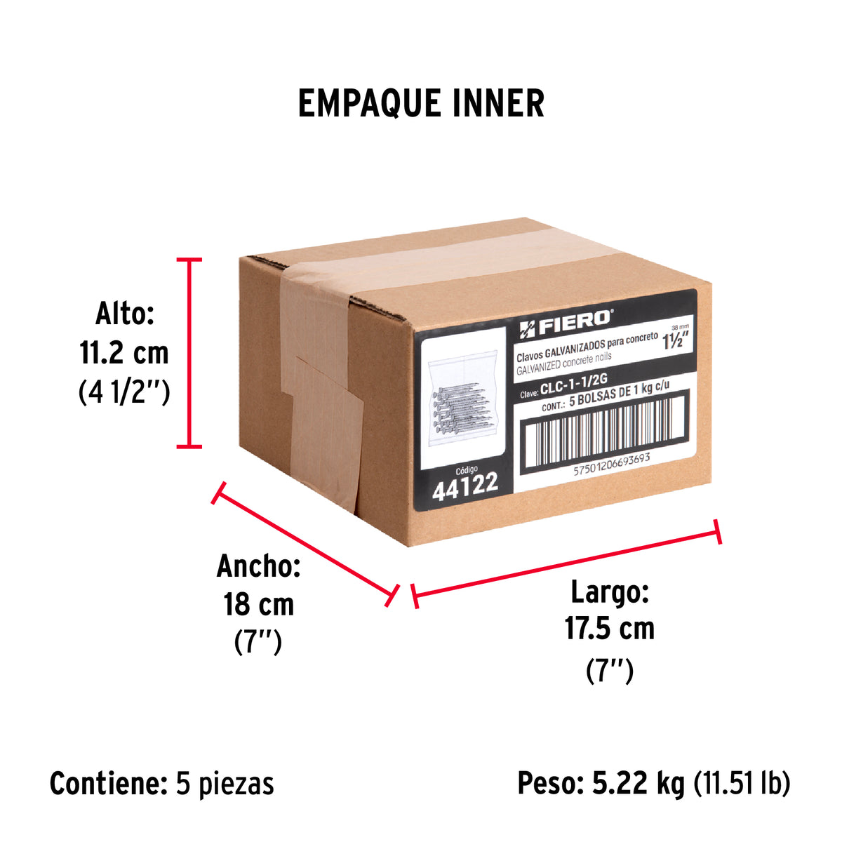 Bolsa con 1 kg de clavos para concreto galvanizados 1-1/2'