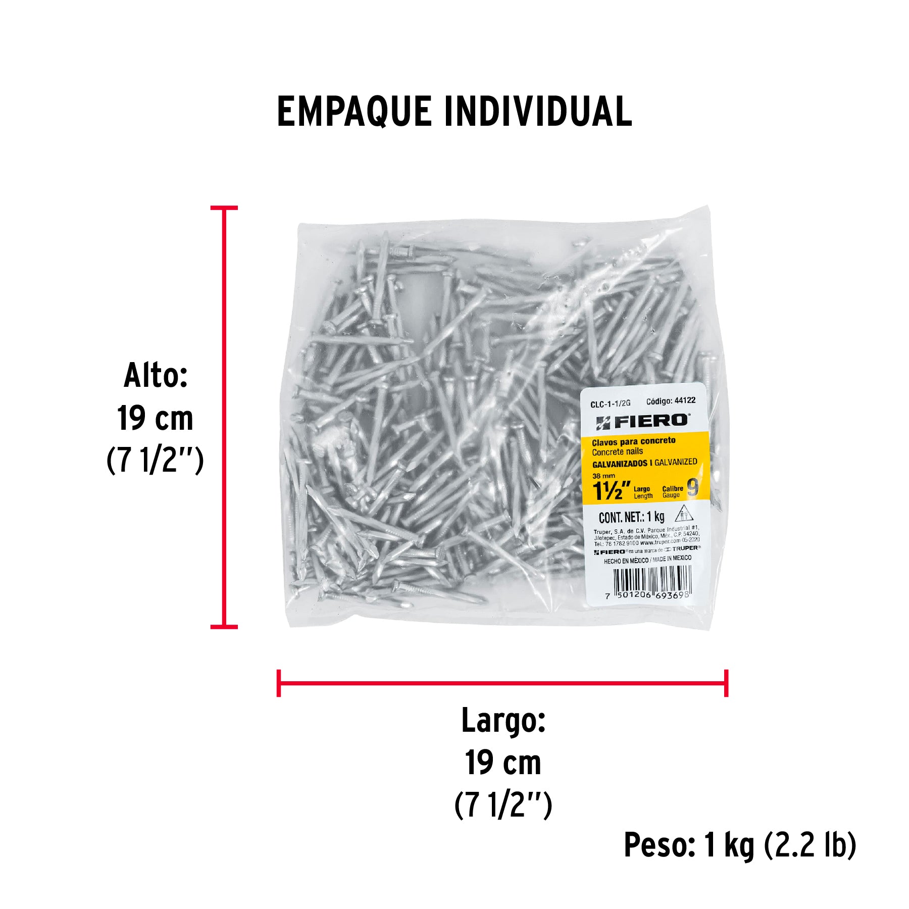 Bolsa con 1 kg de clavos para concreto galvanizados 1-1/2'
