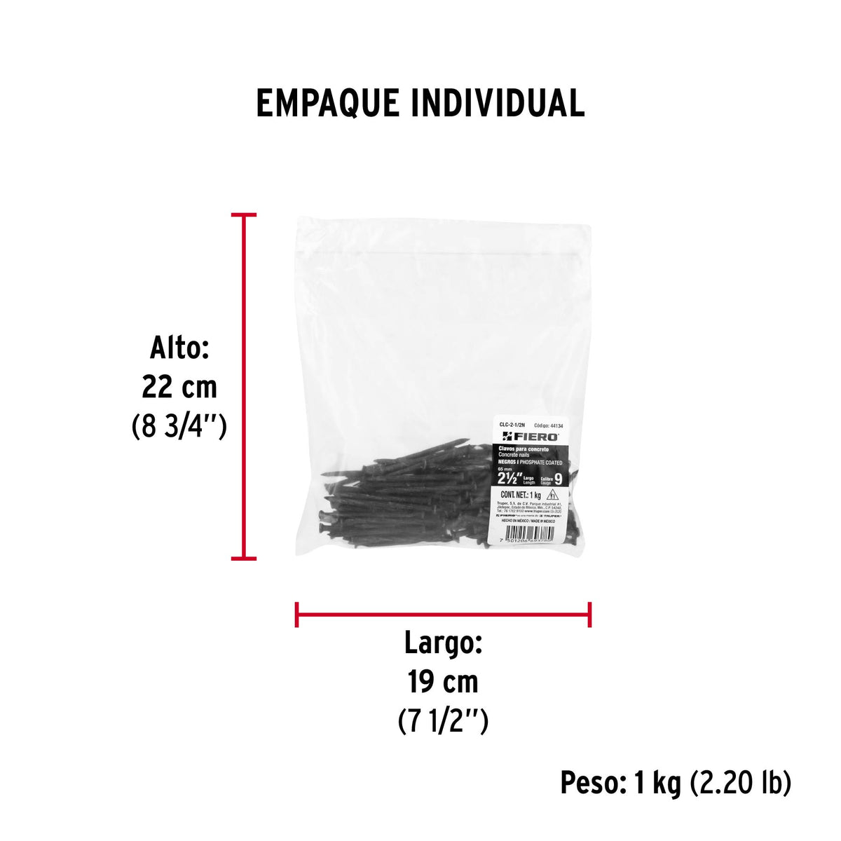 Bolsa con 1 kg de clavos para concreto negros 2-1/2', FIERO