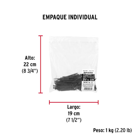 Bolsa con 1 kg de clavos para concreto negros 2-1/2', FIERO