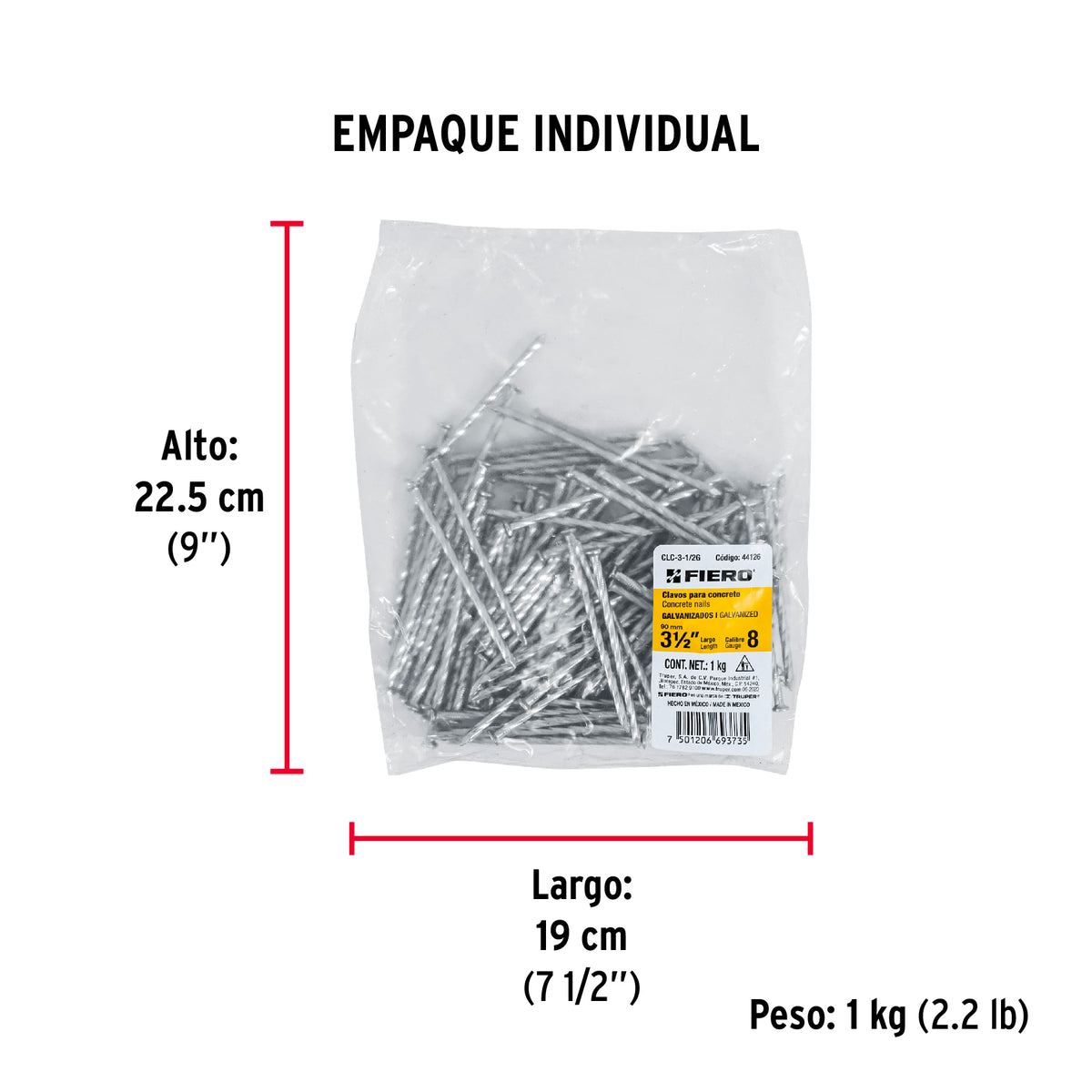 Bolsa con 1 kg de clavos para concreto galvanizados 3-1/2'